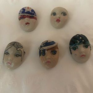 Adiago Hand Painted Vintage Face Brooches